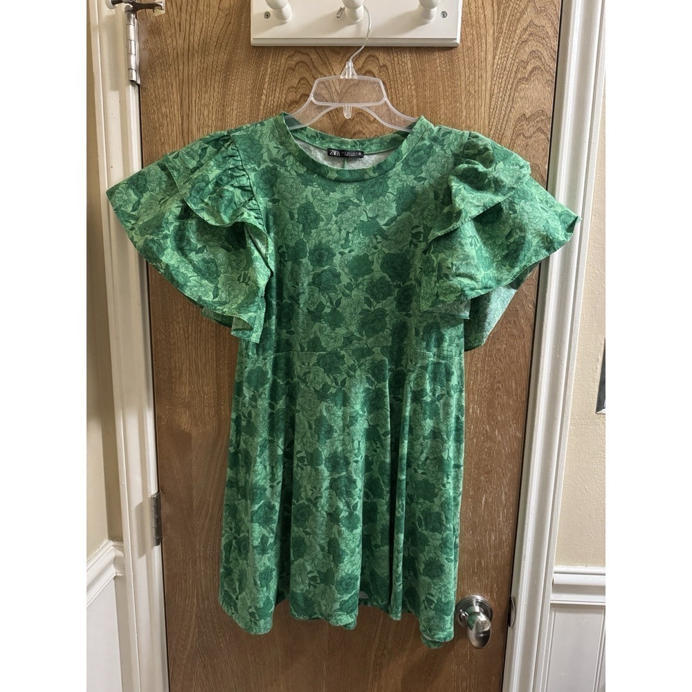 Zara Women's Green Floral Print Mini Ruffle Flutter Sleeve Short Shift Dress S